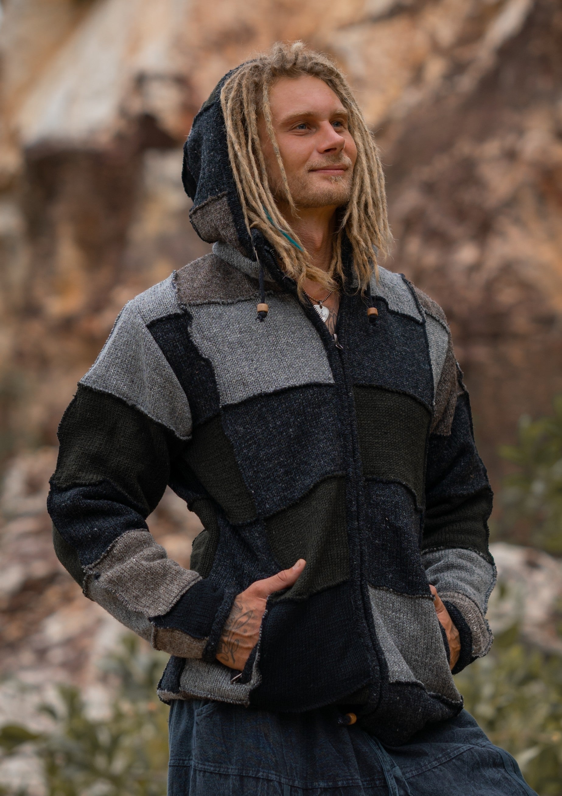 Wool Jacket – Patchwork – Grey/Green – Large – The Karmic Chameleon