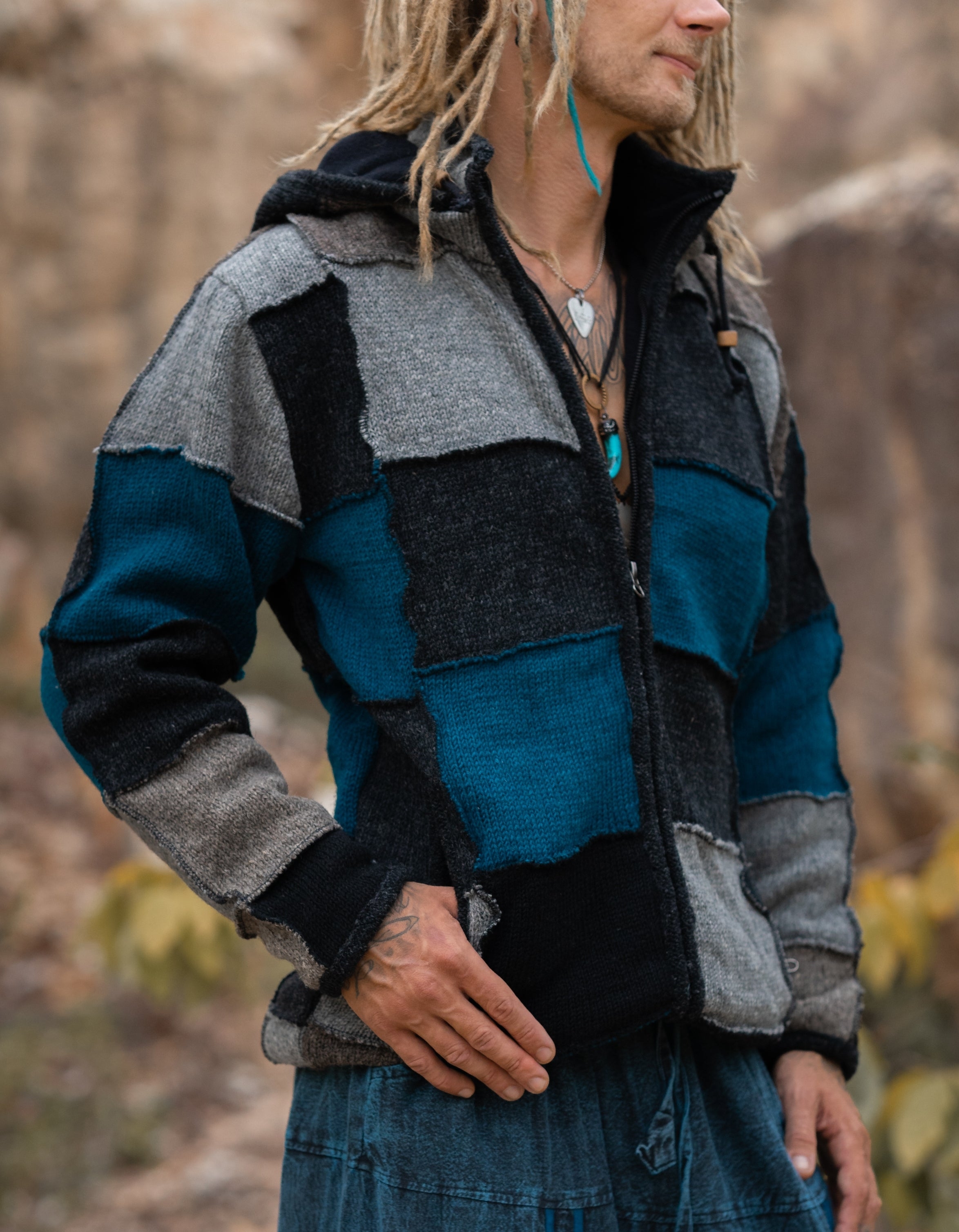 Wool Jacket – Patchwork – Grey/Teal – 2XL – The Karmic Chameleon