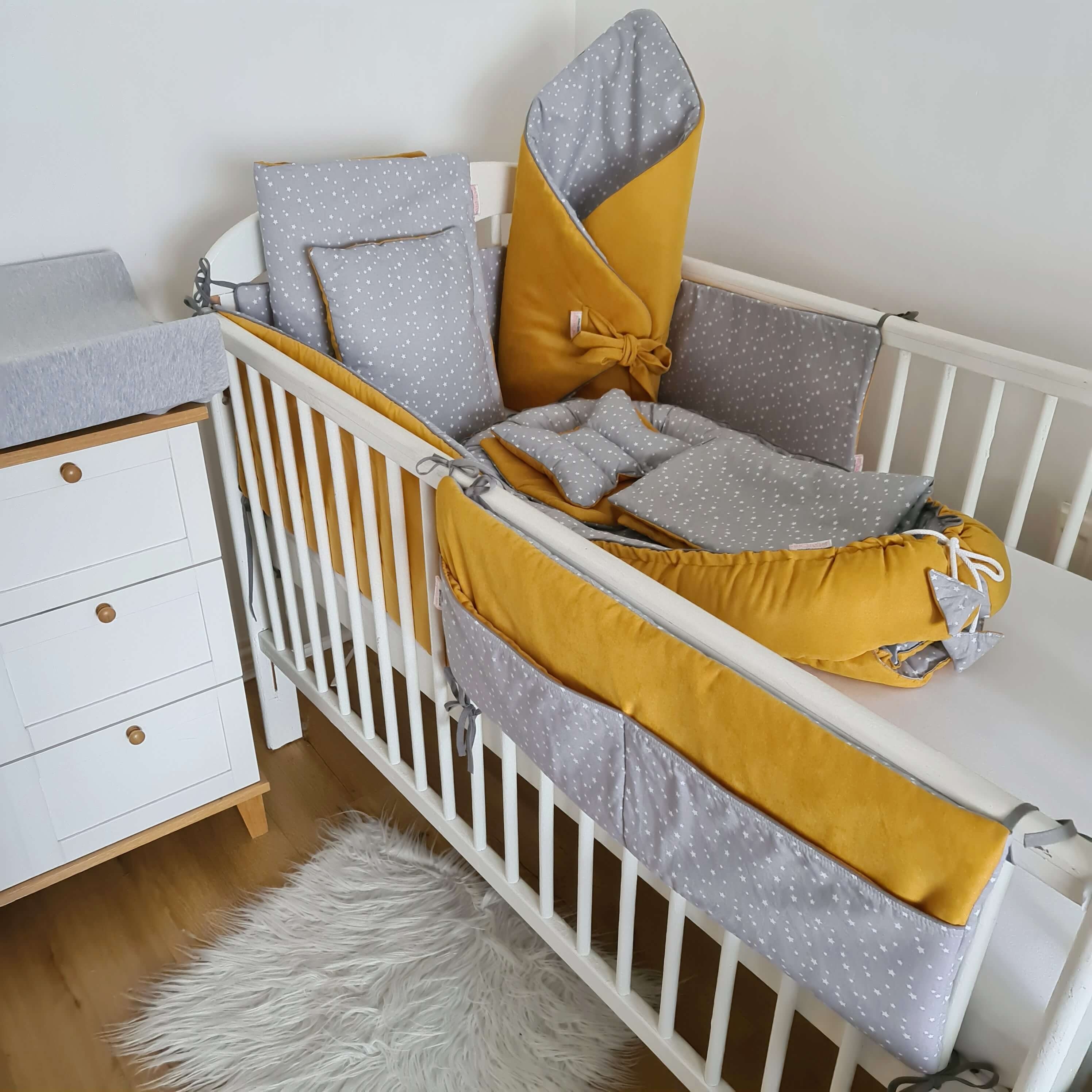Newborn 10 Pc’S Starter Bundle Baby Cot Bedding Nest – Sleep Pod – Mustard /Grey – Cot Size 120X60Cm Cot Bumper 180Cm – evCushy – evCushy