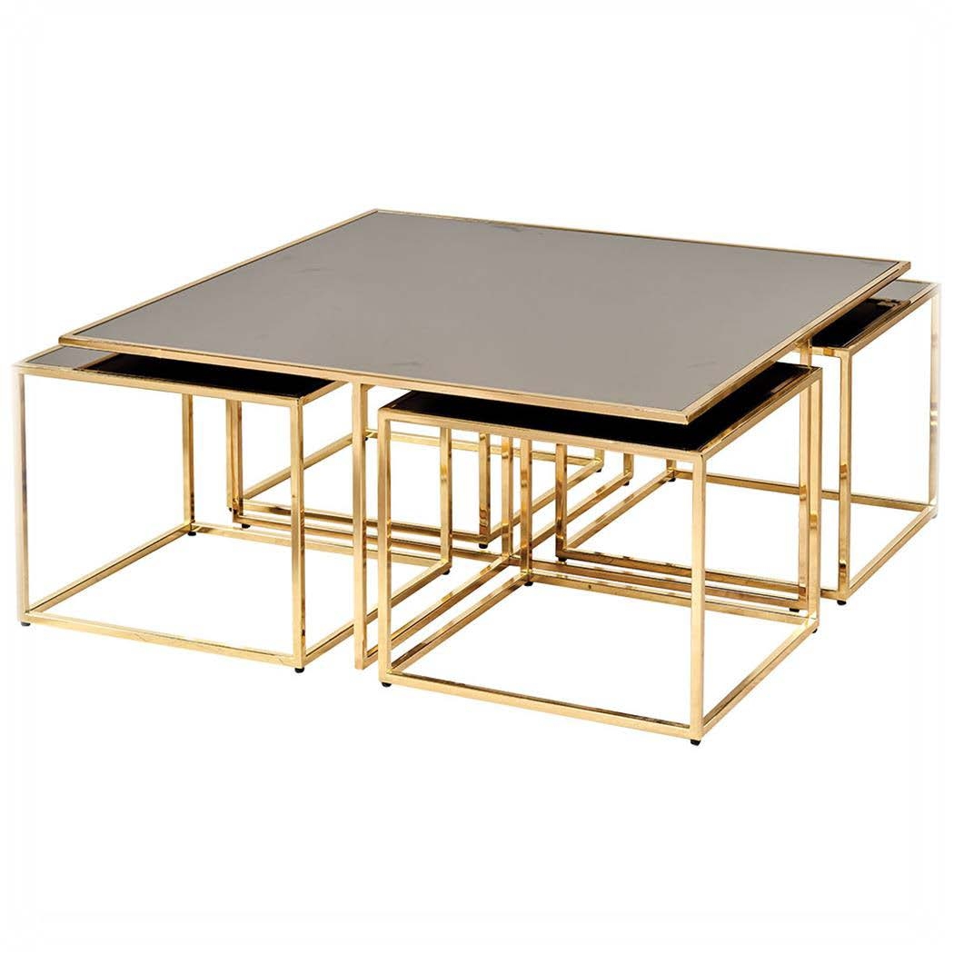 Noir Mirrored Metal Coffee Table Set – Matte Gold – Novia Furniture