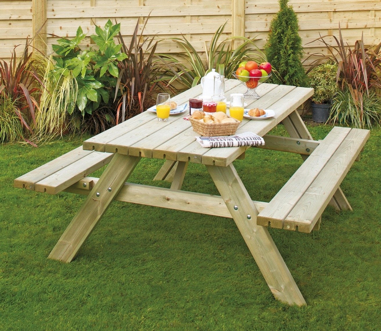 Wooden Oblong Picnic Table with folding seats