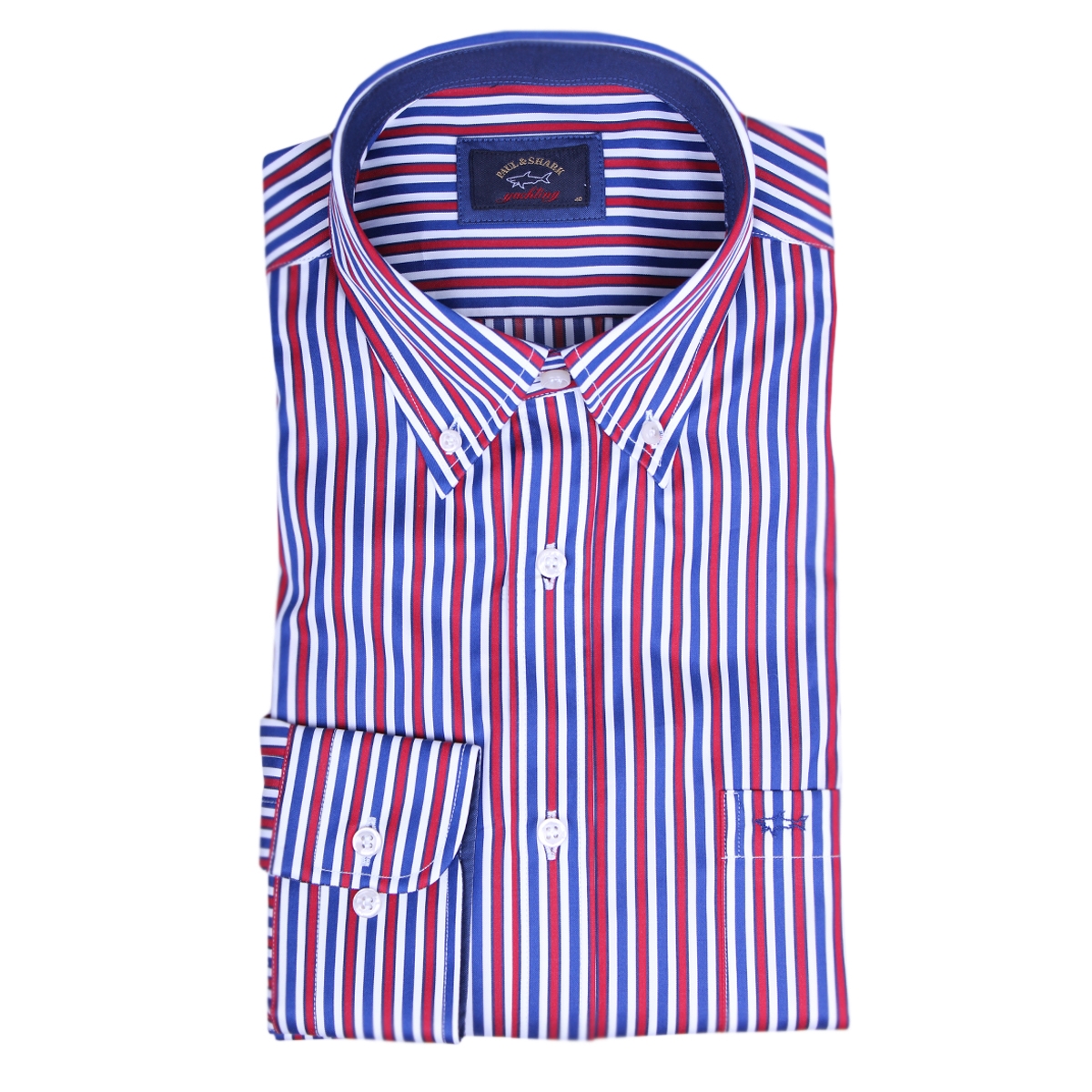 Paul & Shark Mens White & Blue Red Striped Button-Down Cotton Shirt – 46 – Robert Old & Co