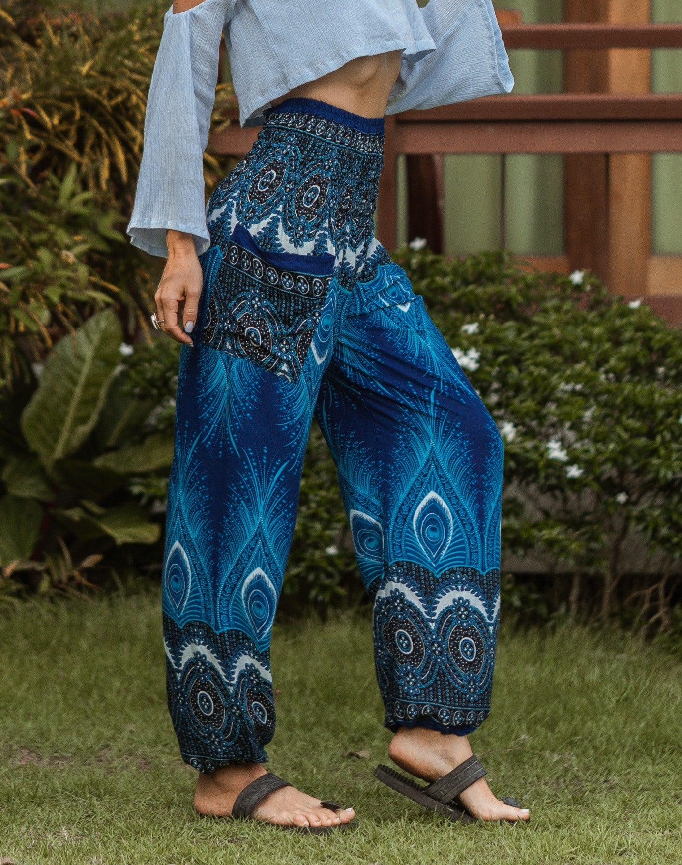 High Cut Harem Pants – Vibrant Peacock Feather Print – Bright Blue – Medium/Large – The Karmic Chameleon