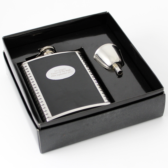 Personalised Engraved 6oz Steel and Black Leather Hipflask