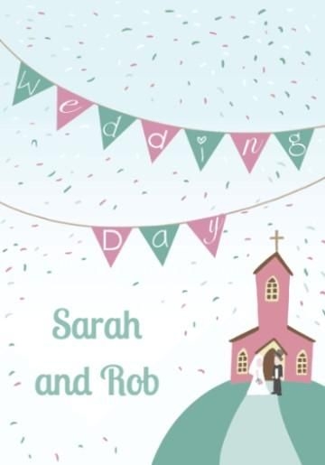 Personalised Wedding Day Bunting With Illustrated Bride And Groom In Front Of Church Card