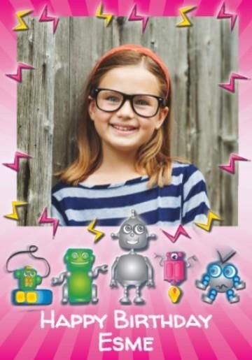 Photo Upload Birthday Card For Young Girls With Robots And Lightening
