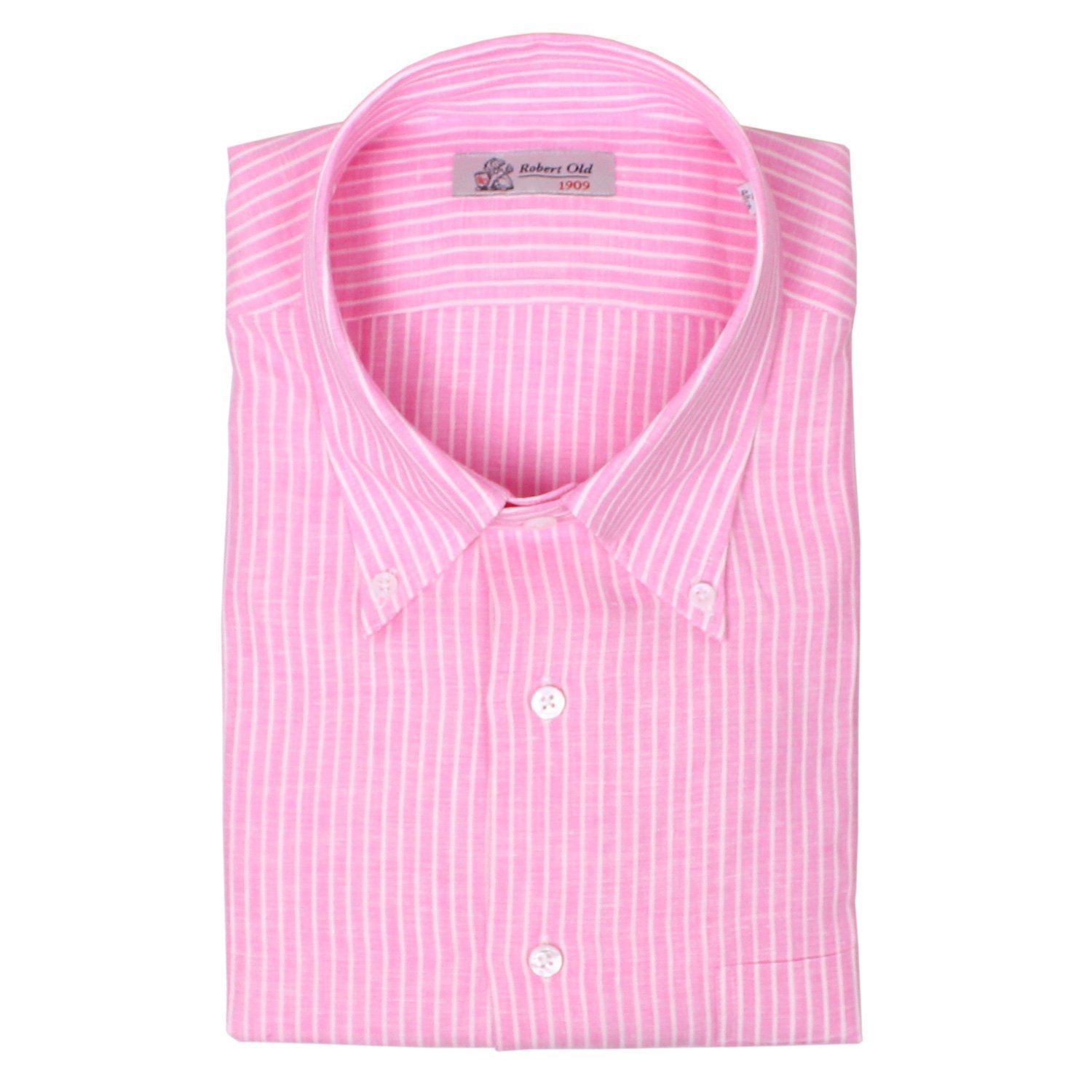 Robert Old Mens Pink & White Stripe Linen Short Sleeve Shirt – 48 – Robert Old & Co