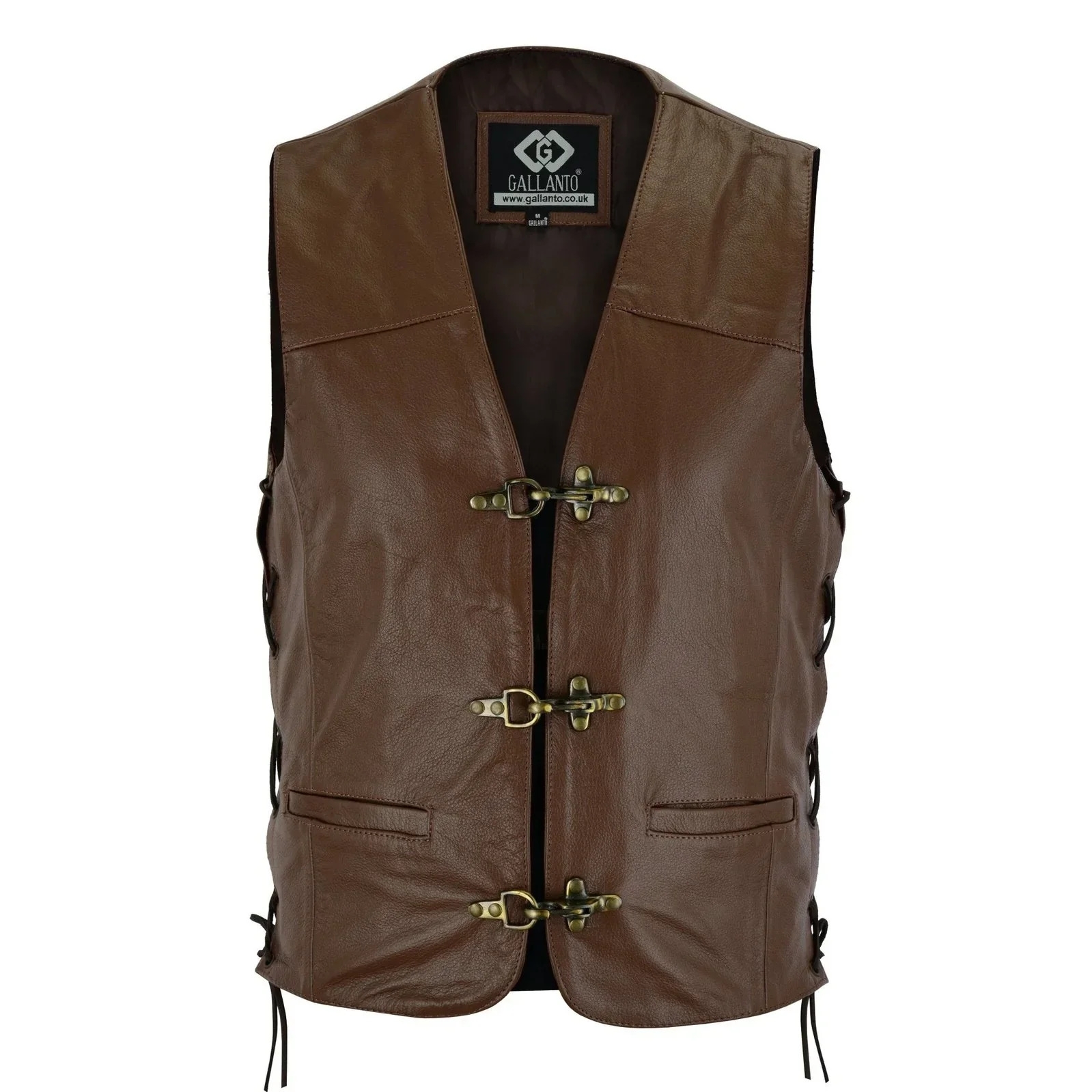 Plain Men’s Leather Waistcoat Motorcycle Biker Vest Black With Hooks – Brown – L – Vintage Leather