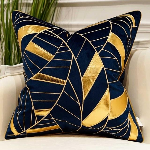 Blue Velvet Luxury Elegant Geometric Cushion Covers 45 x 45cm – Blue – Gold diagonal geometric-45cm – Decked Deco LTD