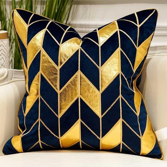 Blue Velvet Luxury Elegant Geometric Cushion Covers 45 x 45cm – Blue – Gold arrow-45cm – Decked Deco LTD