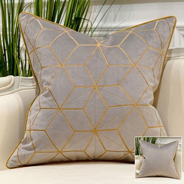 Grey Velvet Luxury Elegant Geometric Cushion Covers 45 x 45cm – Grey – Gold geometric-45cm – Decked Deco LTD