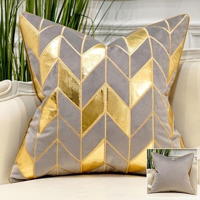 Grey Velvet Luxury Elegant Geometric Cushion Covers 45 x 45cm – Grey – Gold arrow-45cm – Decked Deco LTD