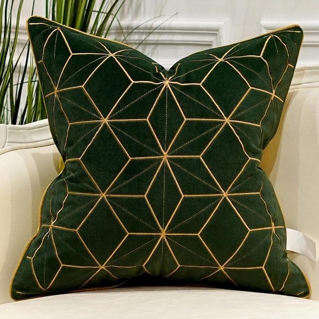 Green Velvet Luxury Elegant Geometric Cushion Covers 45 x 45cm – Green – Gold geometric-45cm – Decked Deco LTD