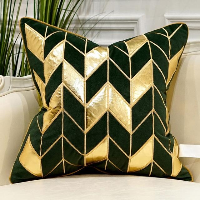 Green Velvet Luxury Elegant Geometric Cushion Covers 50 x 50cm – Green – Gold arrow-50cm – Decked Deco LTD