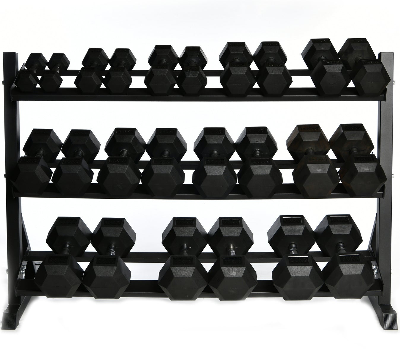 Hexagonal Rubber Dumbbell Set (12 Pairs – 2.5kg – 30kg) With Rack – SuperStrong Fitness