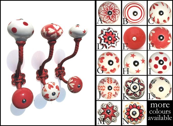 Knobbles & Bobbles – Painted Hook Choice Of Knobs – Red – Iron / Ceramic – 15.5 x 10cm – Variant 15469