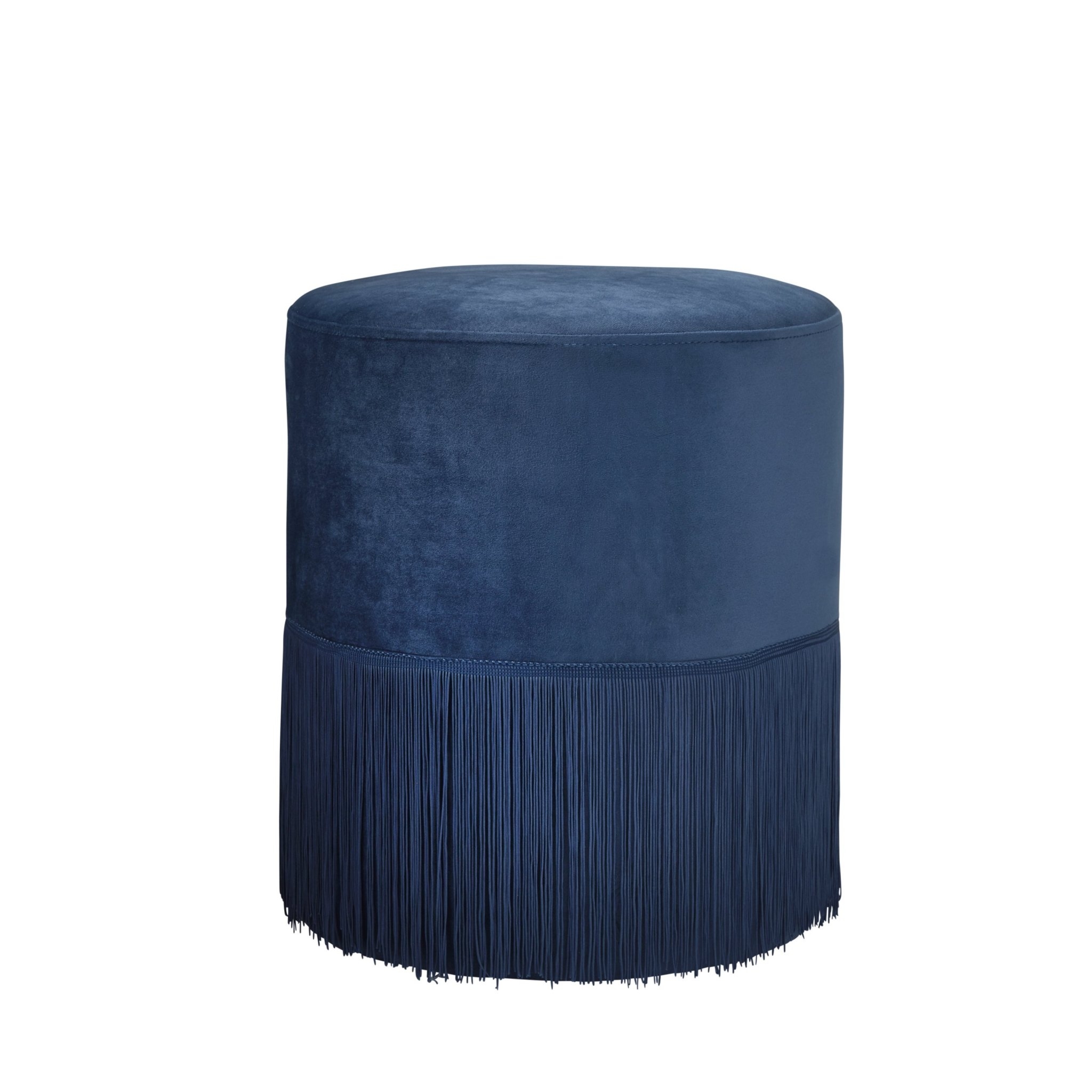 Native Home & Lifestyle Round Stool In Blue Velvet With Tassels 38 x 38 x 43cm – Furniture & Homeware – The Luxe Home
