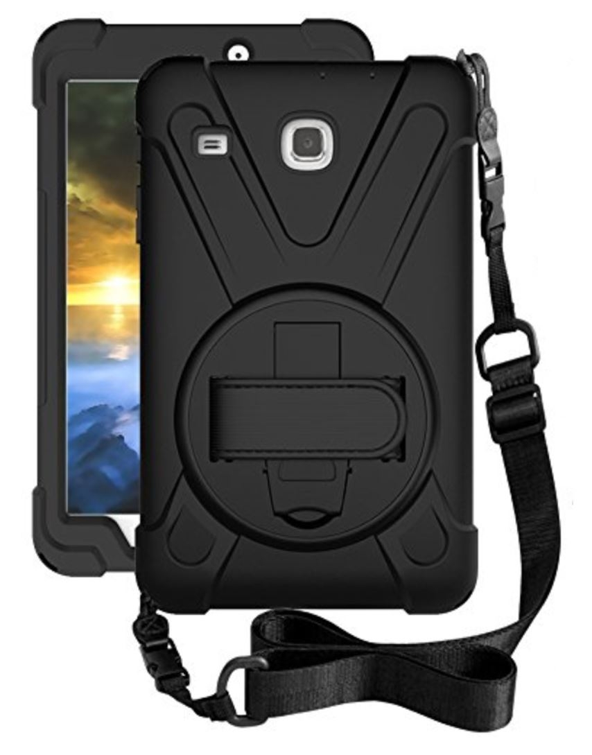 Rugged case for Samsung Tab A 8.0 T387 with hand/shoulder strap, kick stand & screen protector