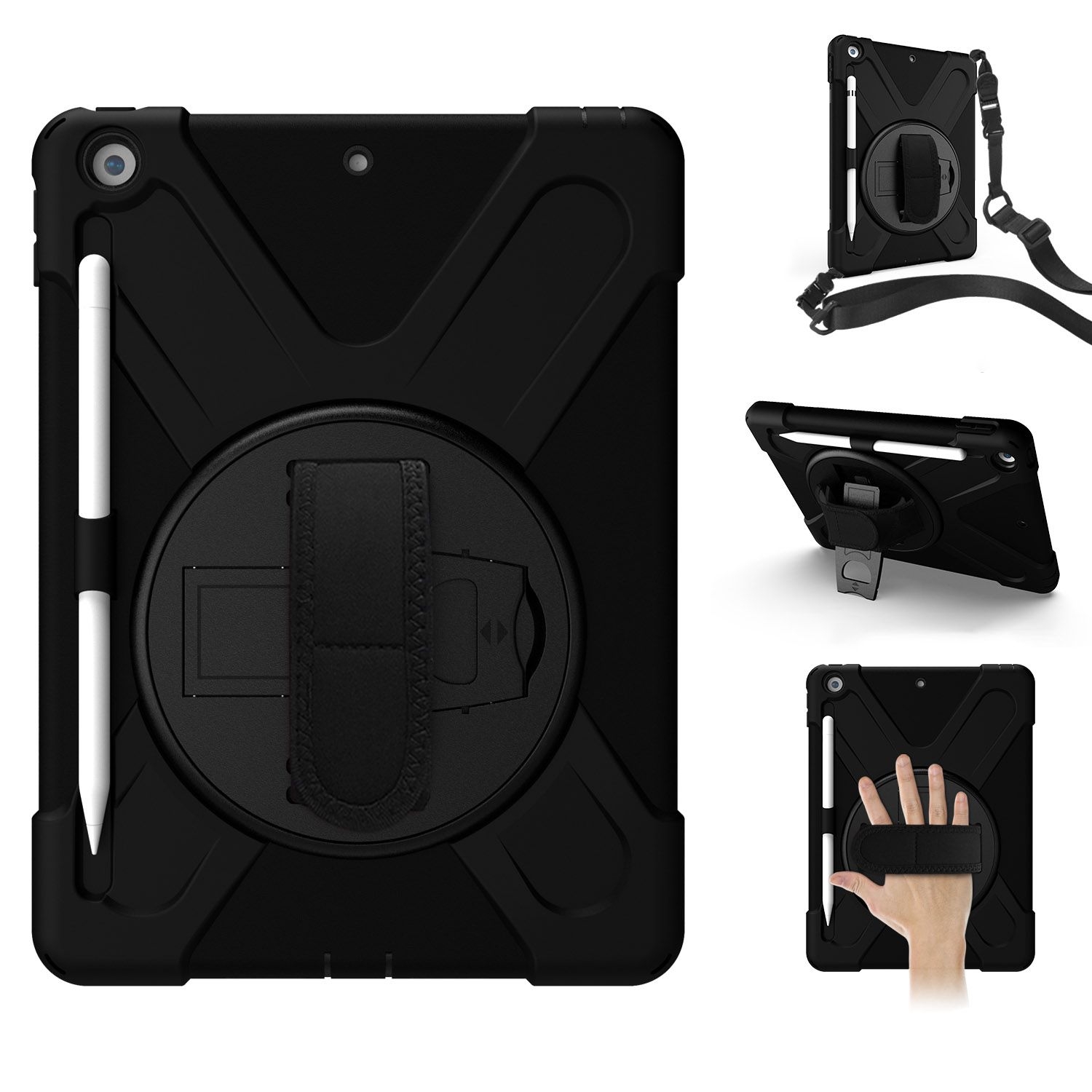 Rugged case for the iPad 10.2 with hand & shoulder strap, kick stand and glass screen protector