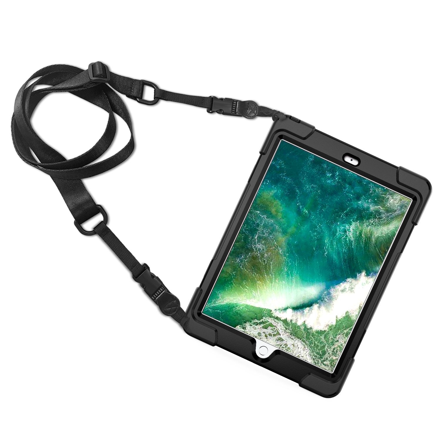 Rugged case for the iPad 2018 9.7 with hand & shoulder strap, kick stand and glass screen protector