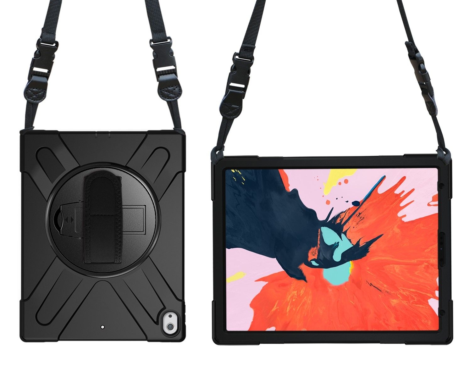 Rugged case for the iPad Pro 12.9 v3 with hand/shoulder strap, kick stand and glass screen protector