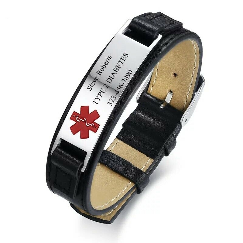 Houston Leather Medical Alert Bracelet Black Band / Silver Tag – Personalised Medical