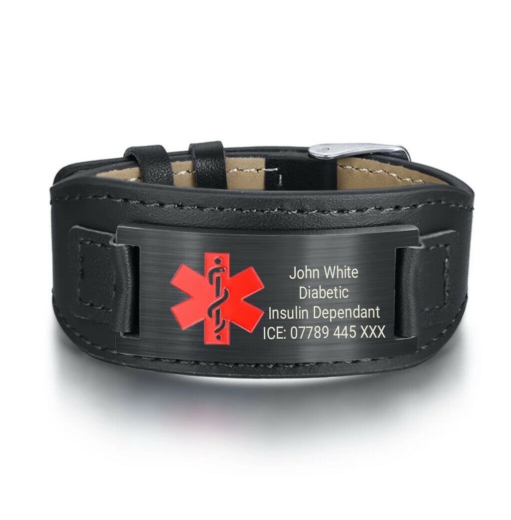 Houston Wide Leather Medical Alert Bracelet Black Band / Black Tag – Personalised Medical
