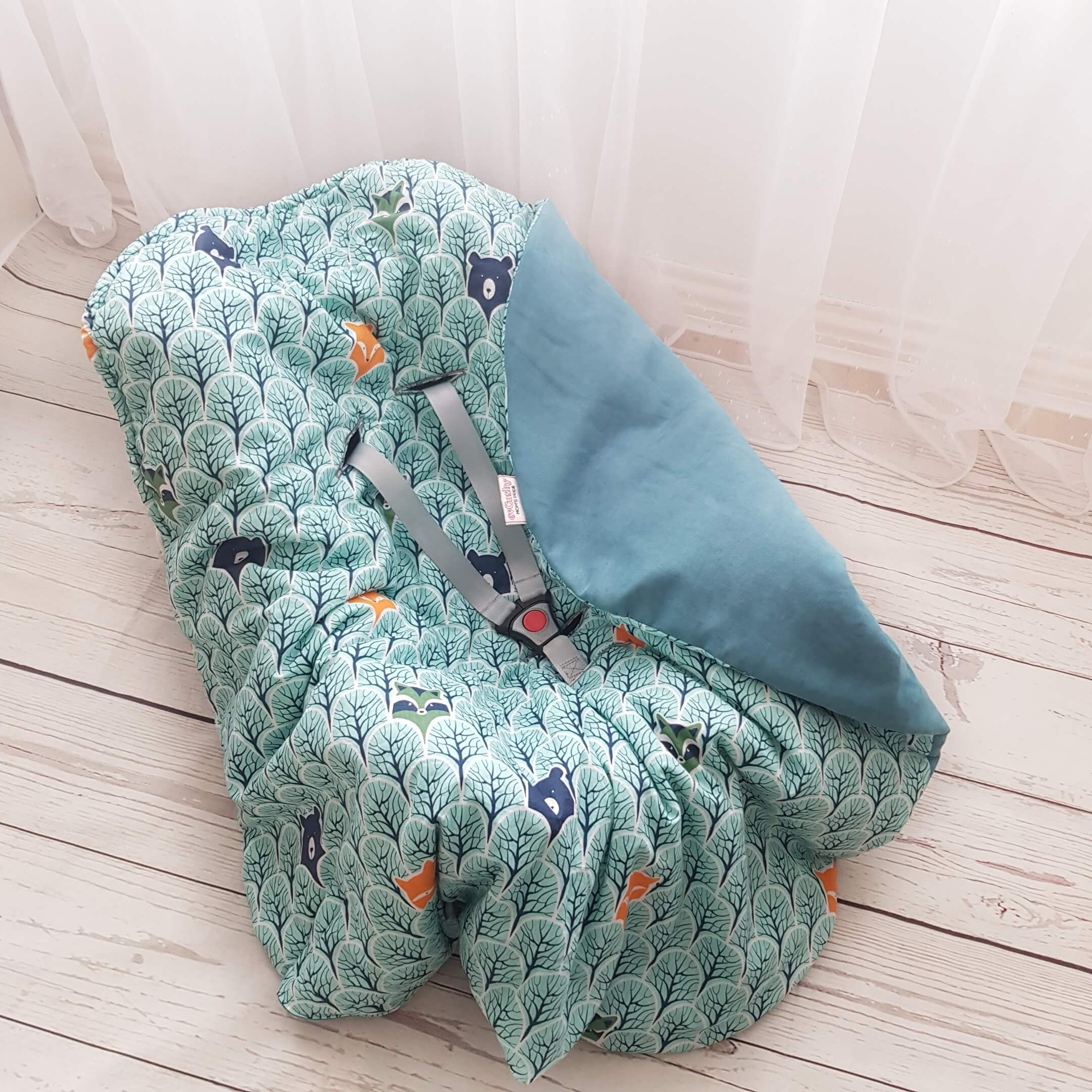 Baby Car Seat Blanket Cotton – Forest Friends – Turquoise -Pre- Order Delivery Time 4 Weeks – evCushy