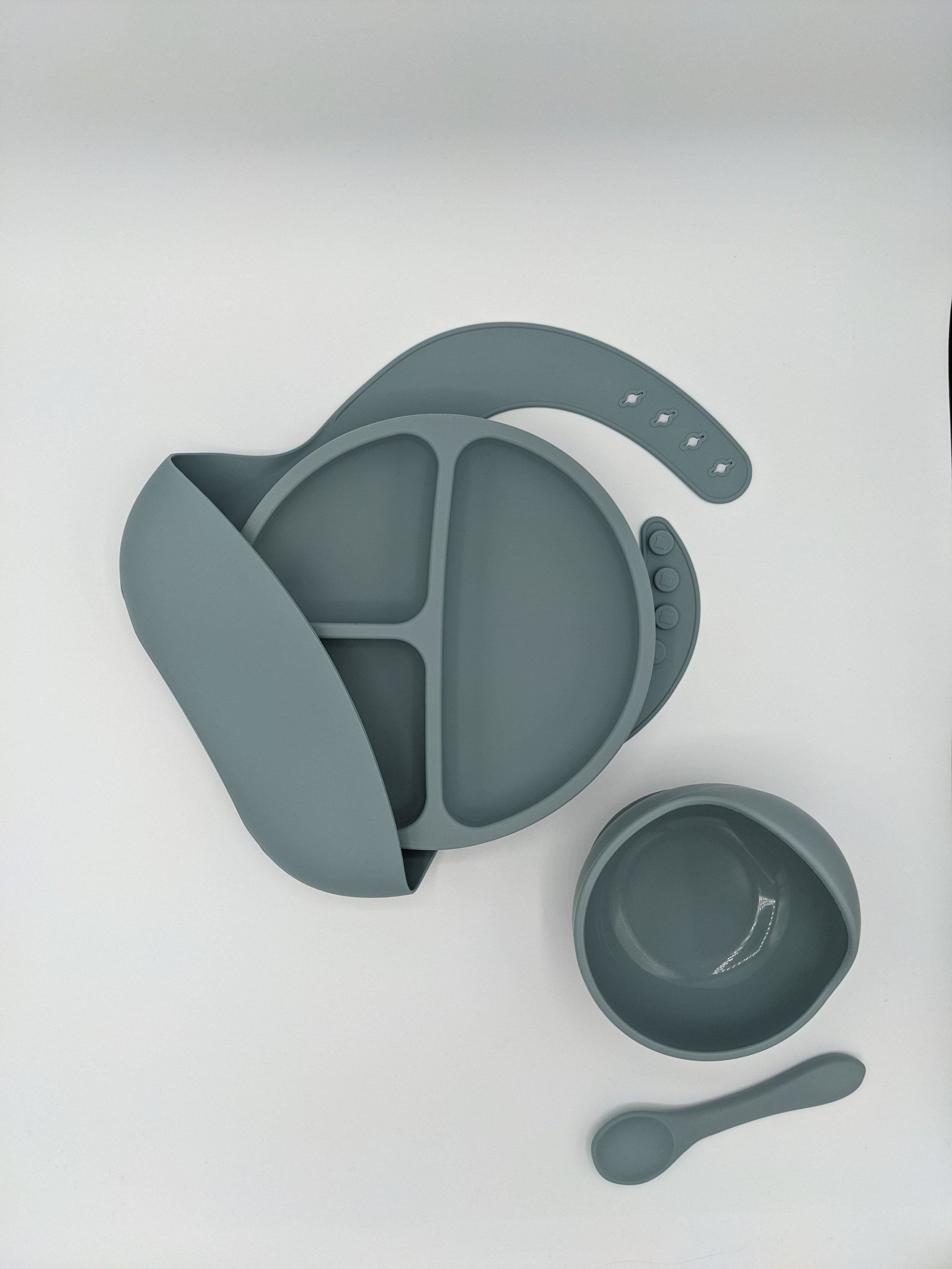 Silicone Baby Bib, Divider Plate, Suction Bowl Spoon Set Blue Ether – Children’s Silicone Tableware – Tiny Roo