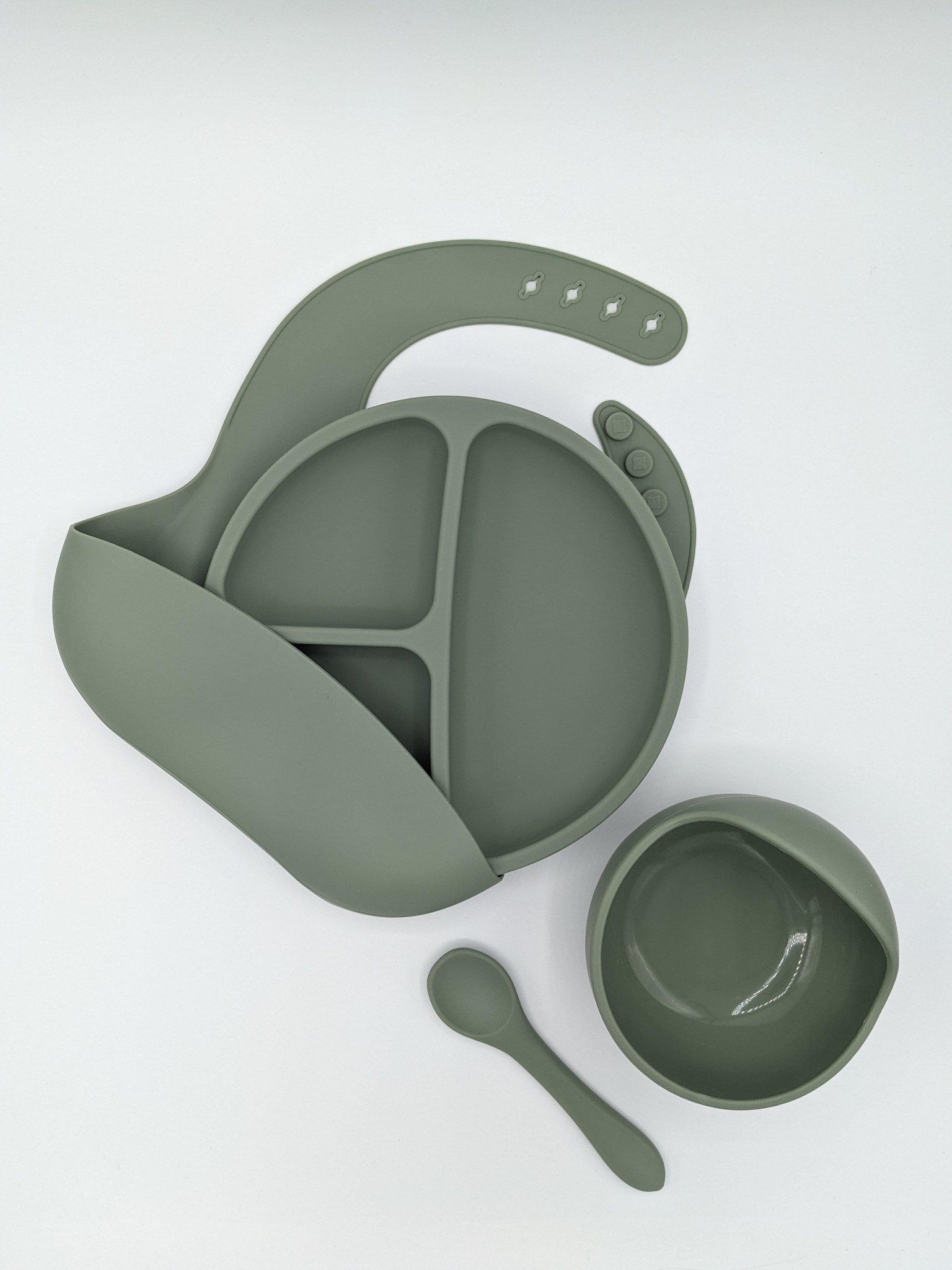 Silicone Baby Bib, Divider Plate, Suction Bowl Spoon Set Desert Sage – Children’s Silicone Tableware – Tiny Roo