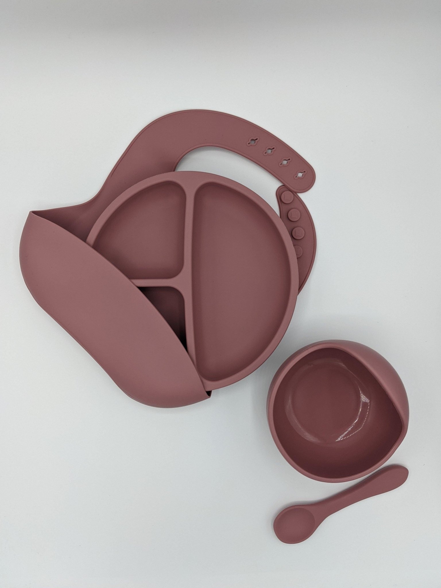Silicone Baby Bib, Divider Plate, Suction Bowl Spoon Set Dusty Pink – Children’s Silicone Tableware – Tiny Roo