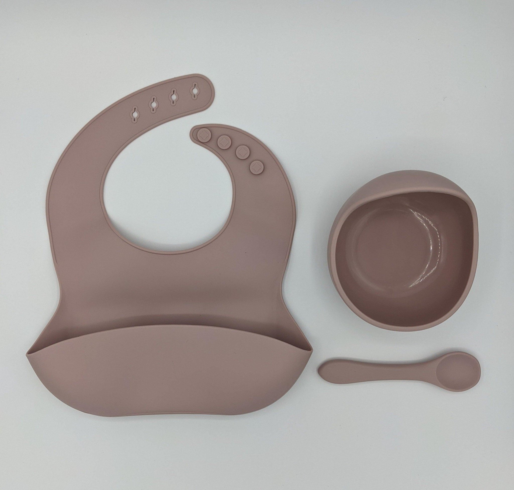 Silicone Suction Bowl, Bib Spoon Set Blush Pink – Children’s Silicone Tableware – Tiny Roo