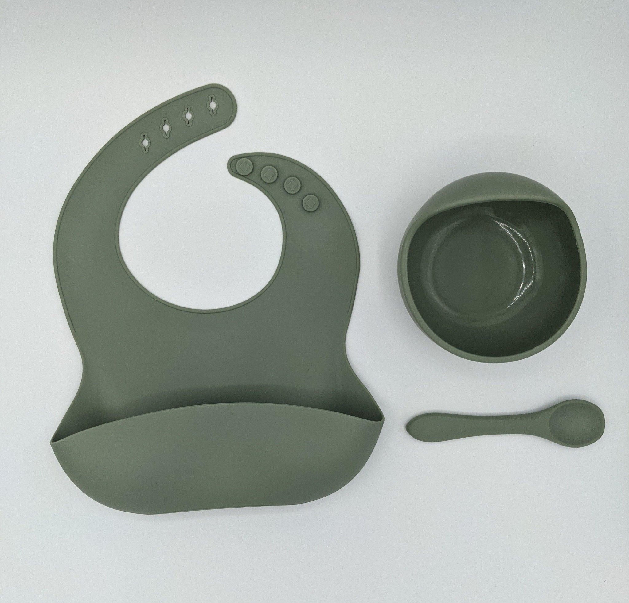 Silicone Suction Bowl, Bib Spoon Set Desert Sage – Children’s Silicone Tableware – Tiny Roo