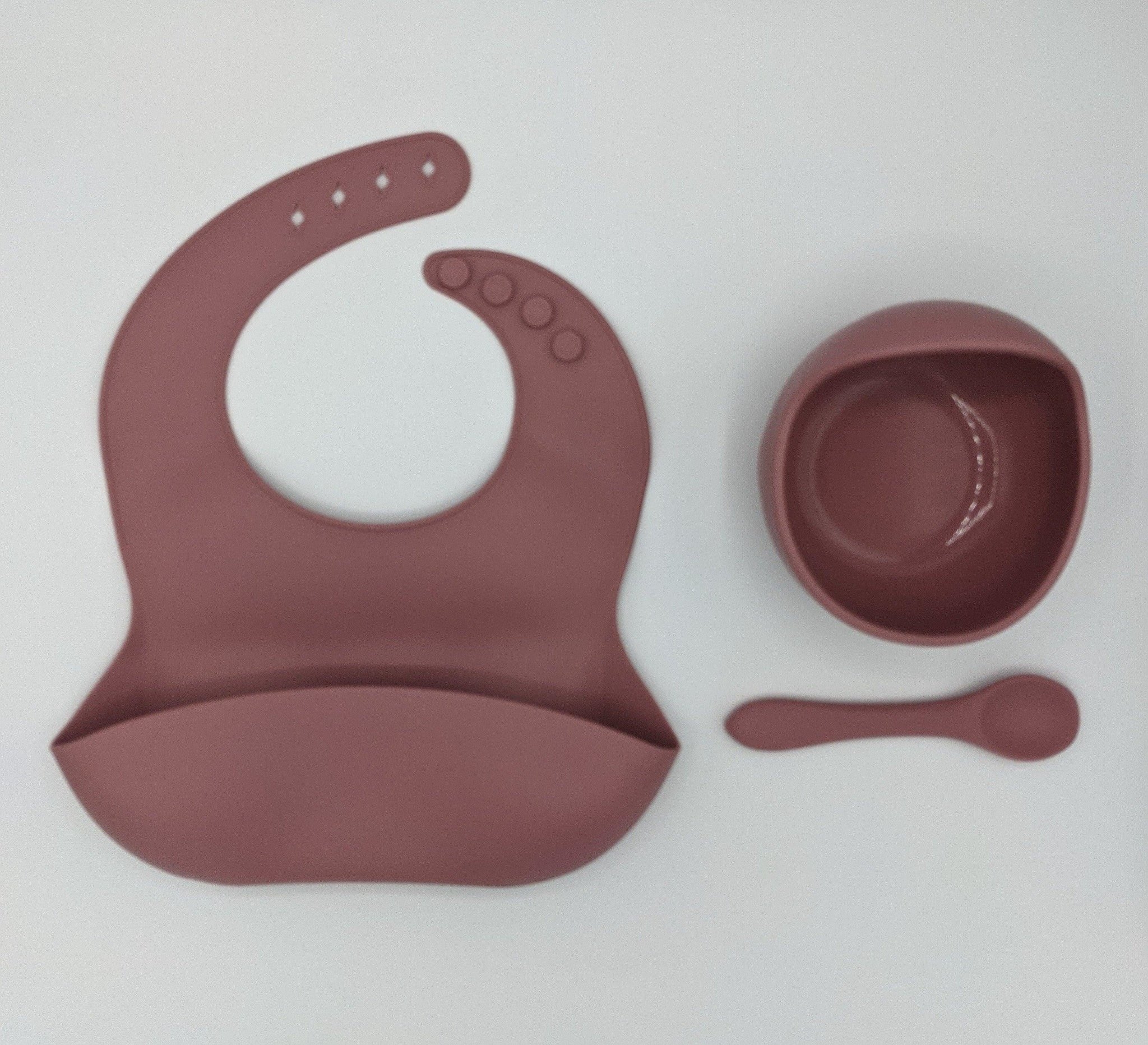 Silicone Suction Bowl, Bib Spoon Set Dusty Pink – Children’s Silicone Tableware – Tiny Roo