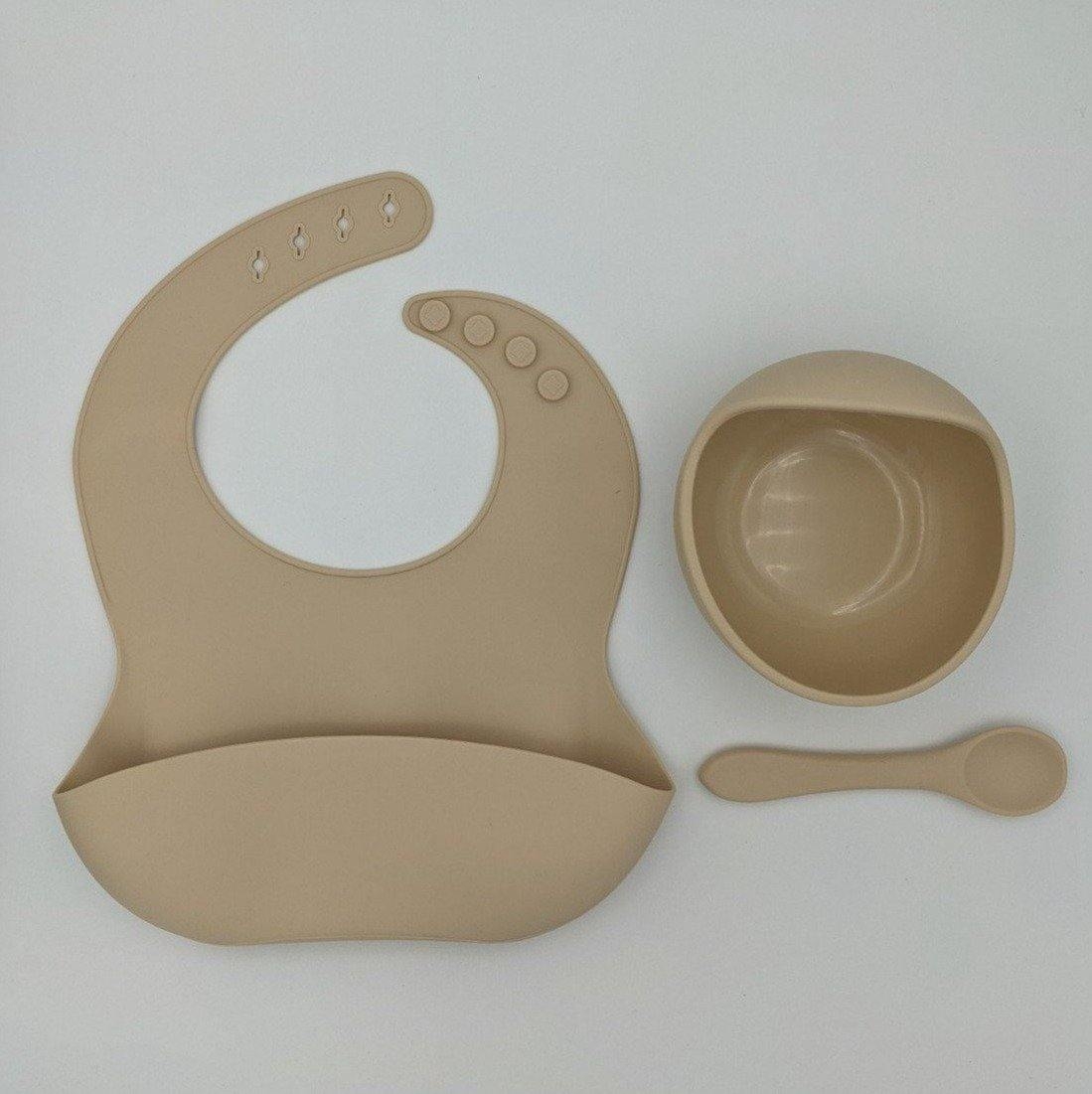 Silicone Suction Bowl, Bib Spoon Set Cream – Children’s Silicone Tableware – Tiny Roo