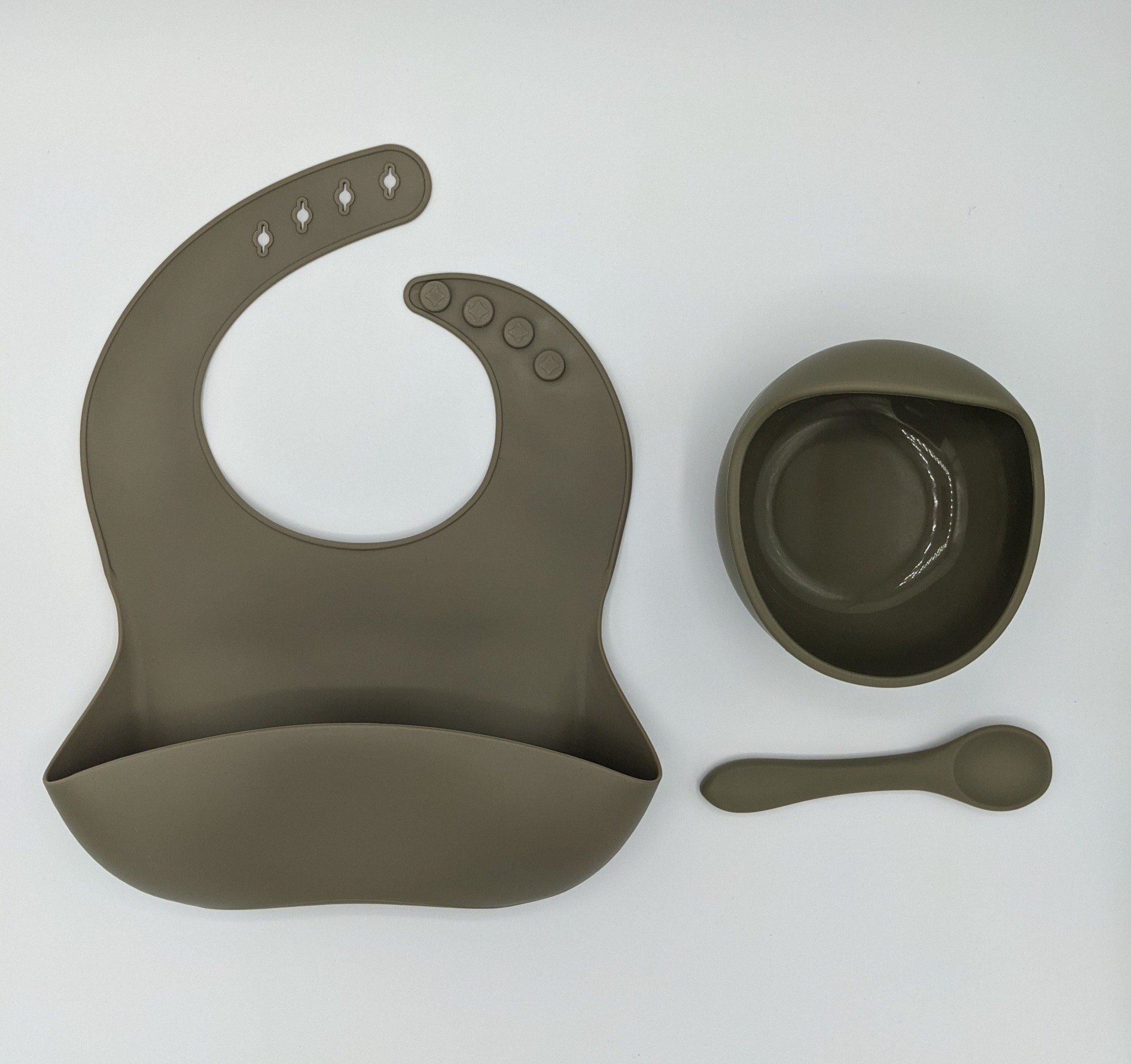 Silicone Suction Bowl, Bib Spoon Set Sale Silver Sage – Children’s Silicone Tableware – Tiny Roo