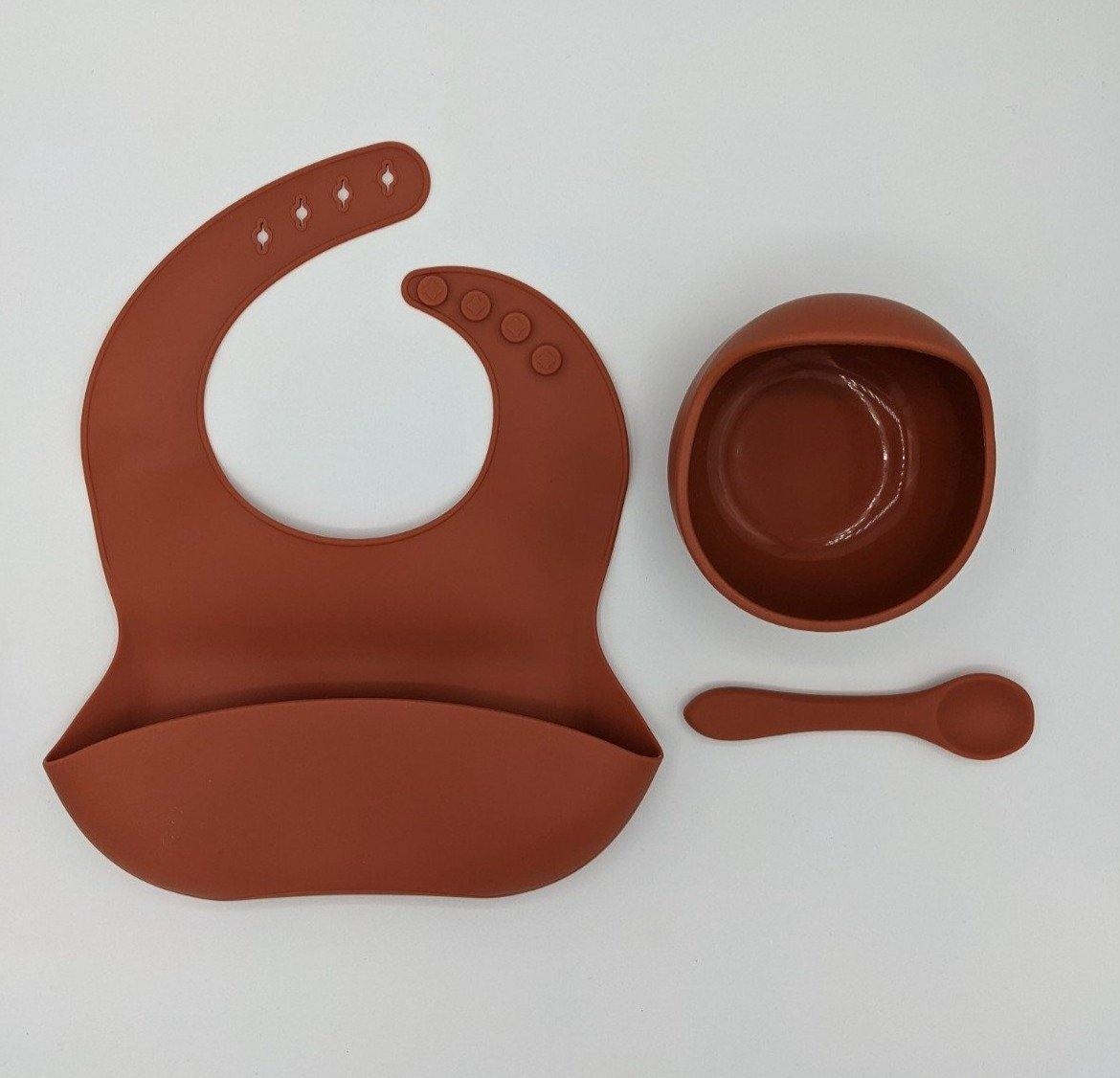 Silicone Suction Bowl, Bib Spoon Set Sale Rust – Children’s Silicone Tableware – Tiny Roo