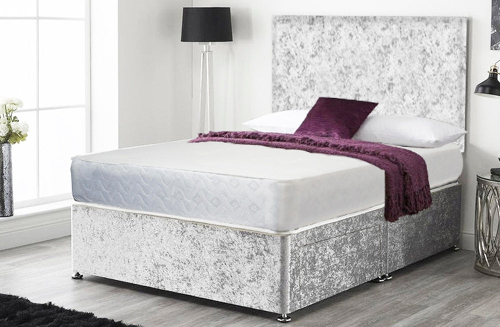 Silver Crushed Divan Bed Set With Plain Headboard Option And Free Memory Foam Mattress – Furnishop