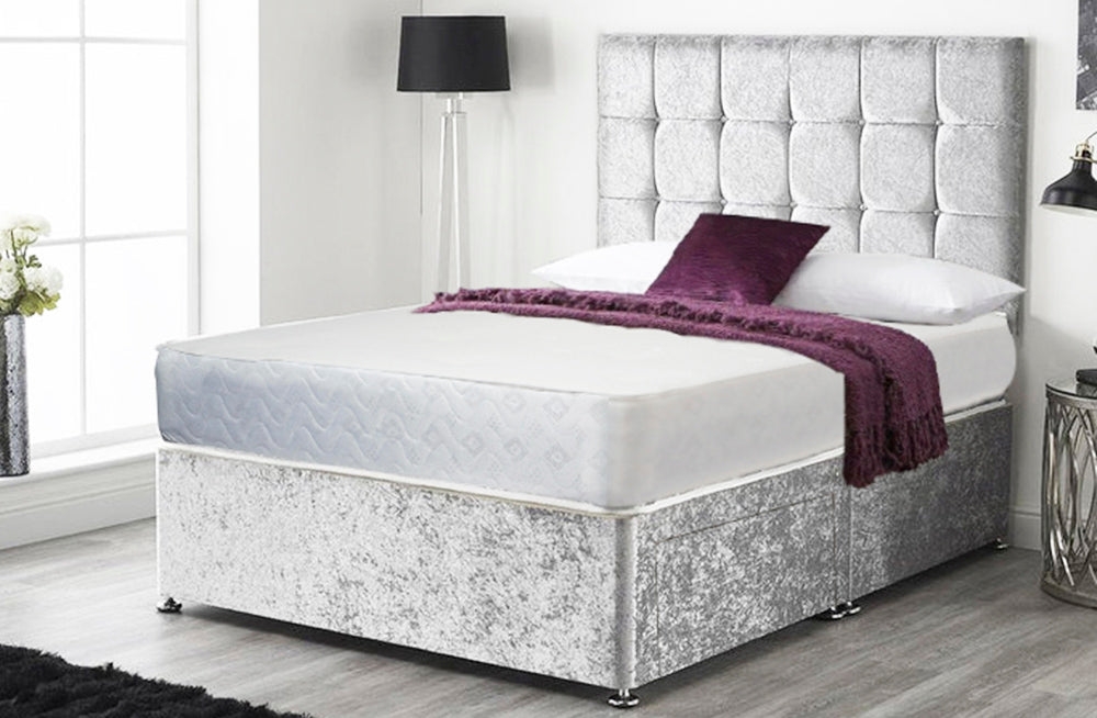 Silver Crushed Divan Bed Set With Cube Headboard And Free Orthopedic Mattress – Furnishop