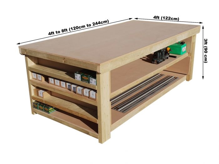 Wooden MDF Top Workbench with Extra shelving 4ft to 8ft Length – 4ft Depth