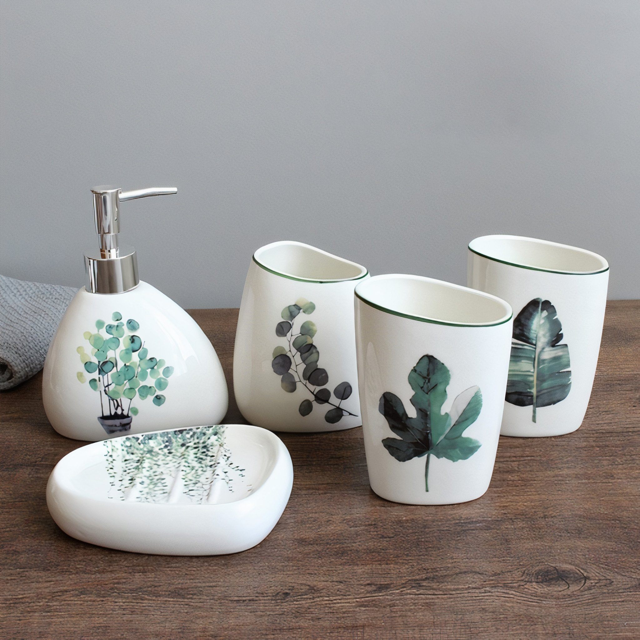 Botanical Sink Accessories – Set 1 – Dispenser / X3 Pots / Soap Dish – White / Green – Ceramic – The Trouvailles