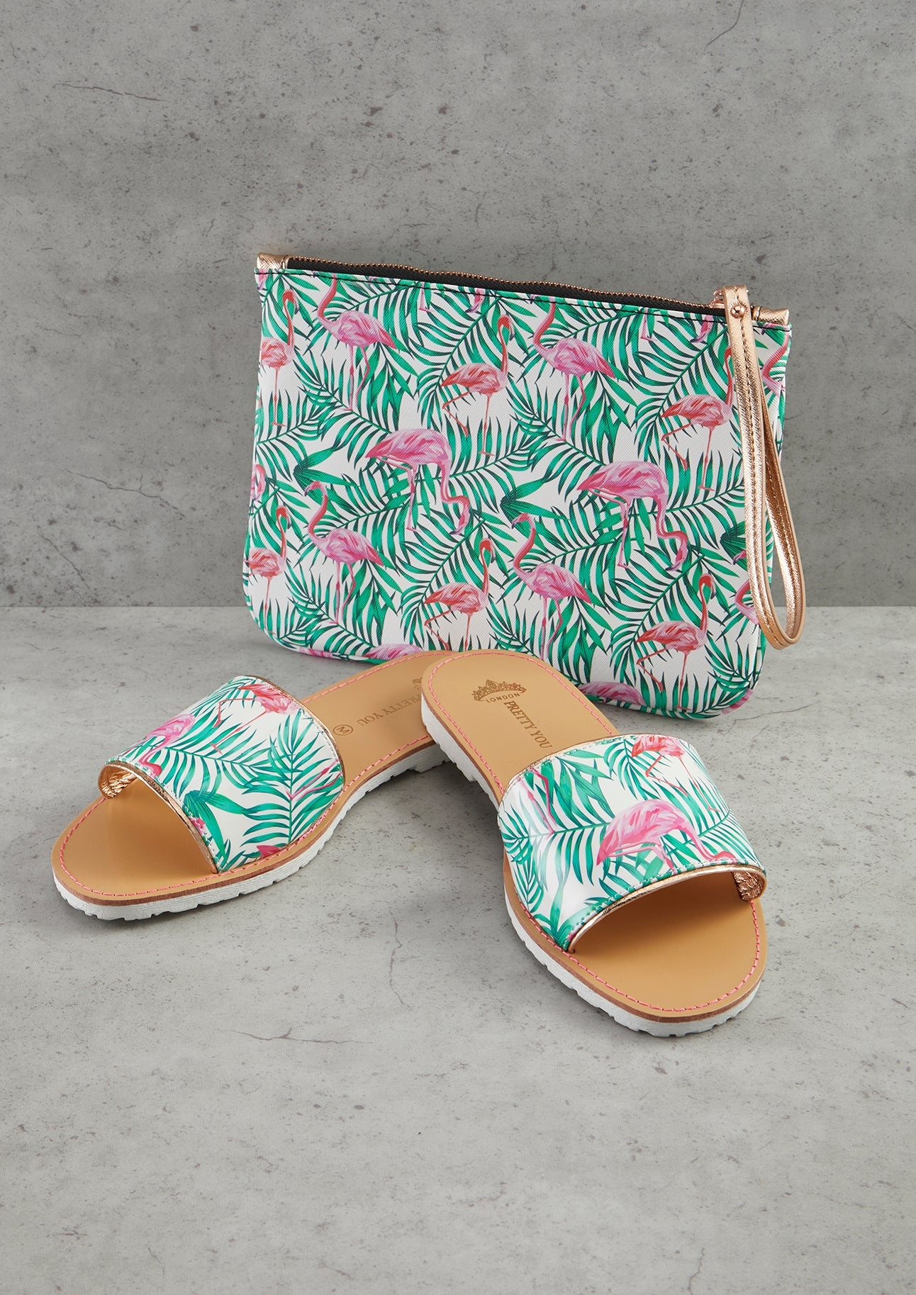 Womens Flamingo Print Sandal and Clutch Set from Pretty You London XL / Tropical