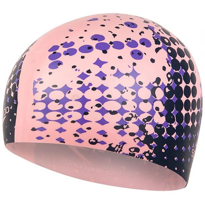 Speedo – Printed Long Hair Cap Swim Hat – Pink/Navy Size One – Aqua Swim Supplies