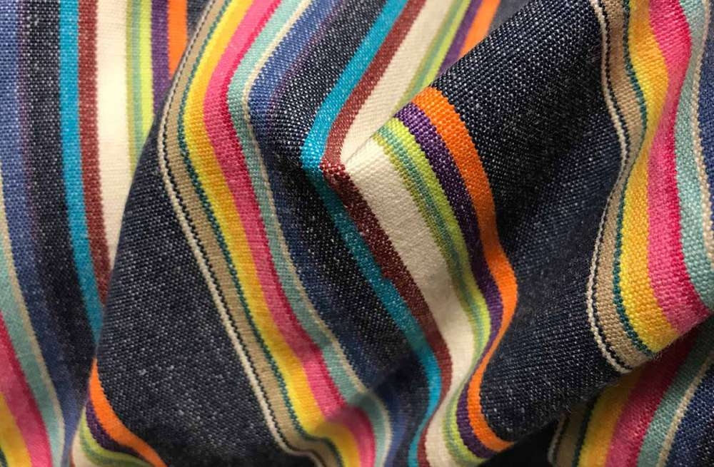 Navy Blue Striped Fabric with Rainbow Coloured Stripes
