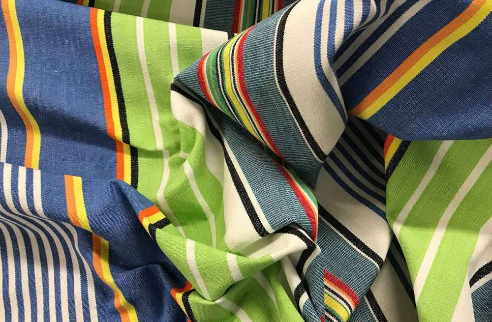 Striped Fabric denim blue, white, lime green stripes