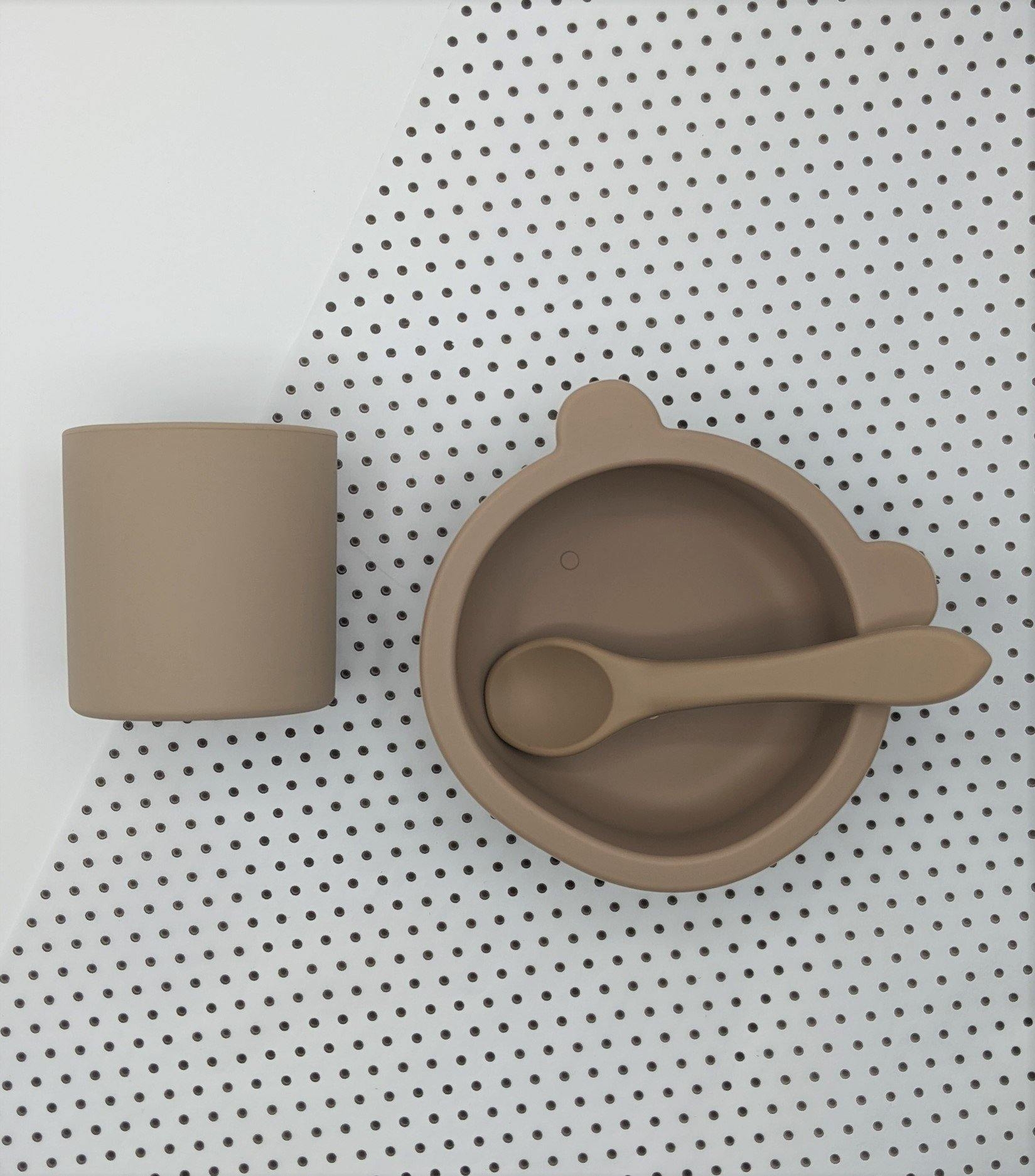 Suction Bear Bowl, Spoon Cup Set Chocolate – Children’s Silicone Tableware – Tiny Roo