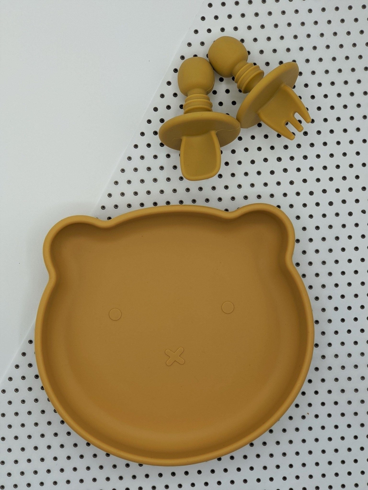 Suction Bear Plate, Mini Fork Spoon Set Mustard – Children’s Silicone Tableware – Tiny Roo