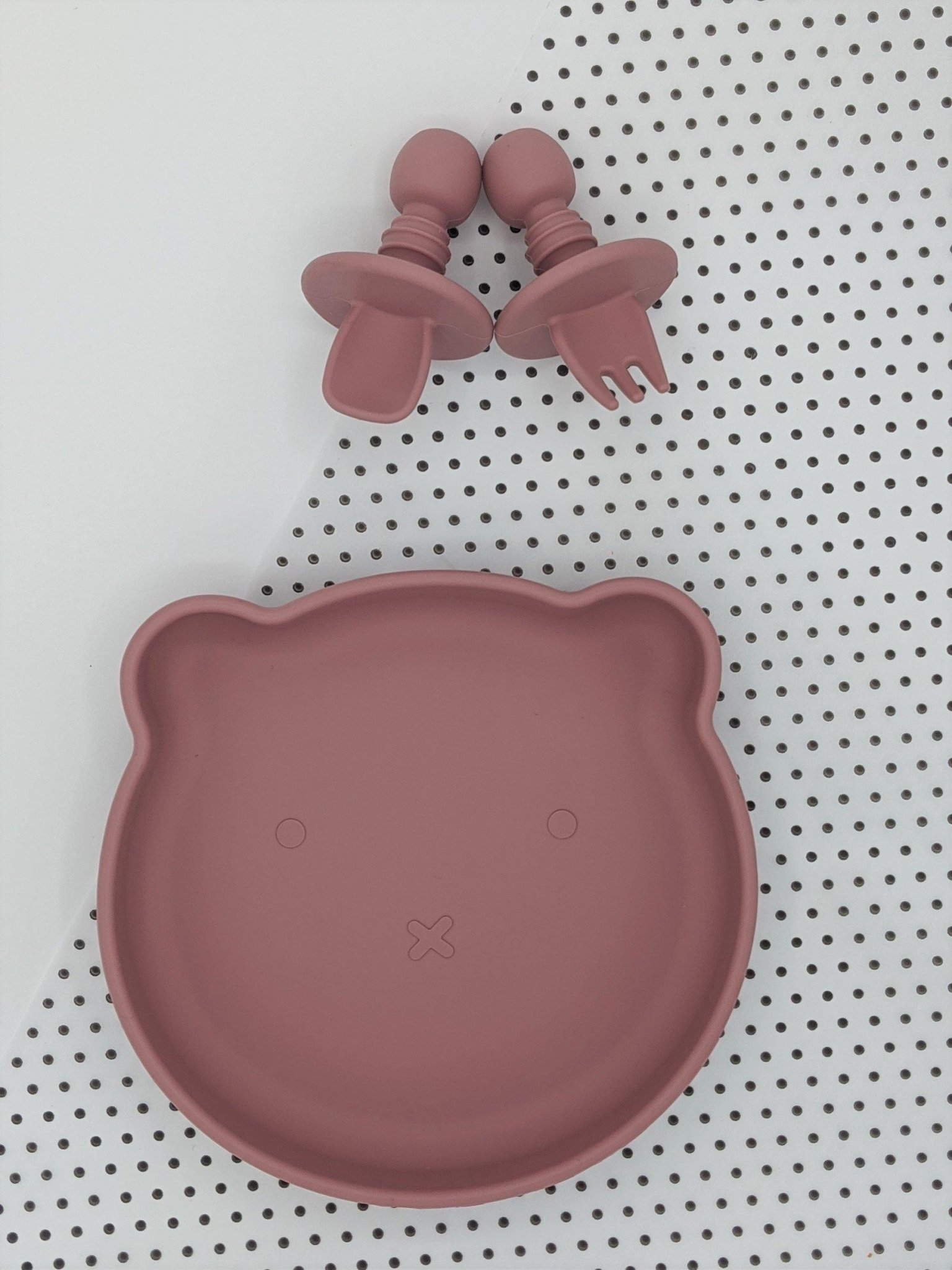Suction Bear Plate, Mini Fork Spoon Set Rose – Children’s Silicone Tableware – Tiny Roo