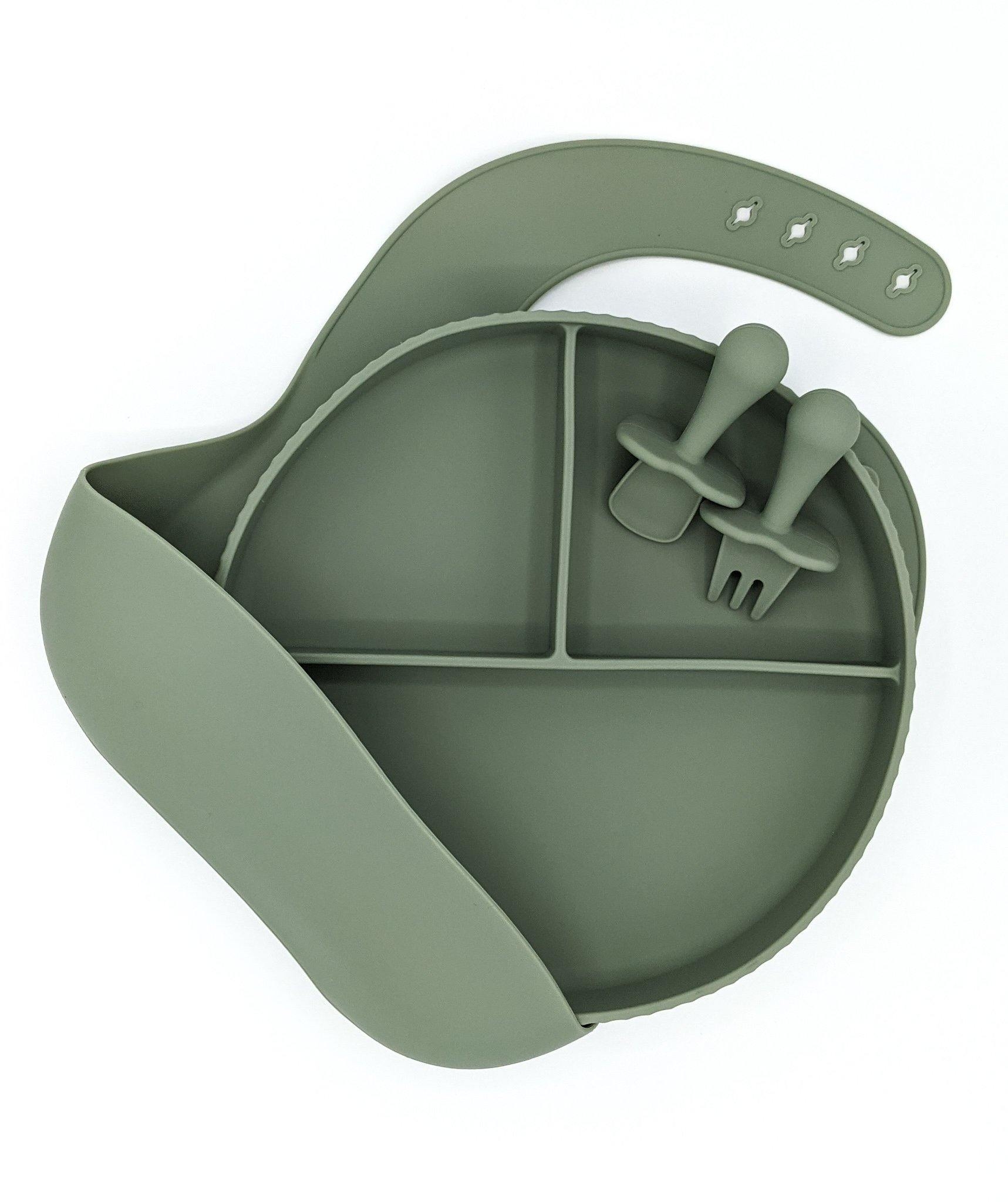 Suction Plate, Bib Mini Fork Spoon Desert Sage – Children’s Silicone Tableware – Tiny Roo