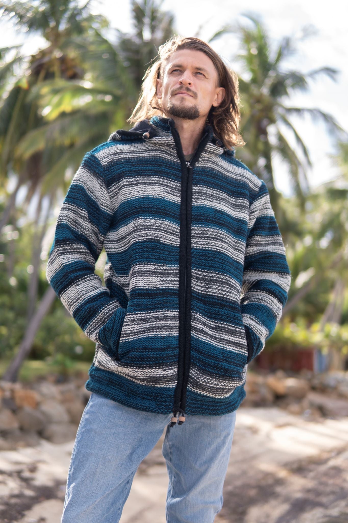 Wool Jacket – Striped – Teal – Large – The Karmic Chameleon